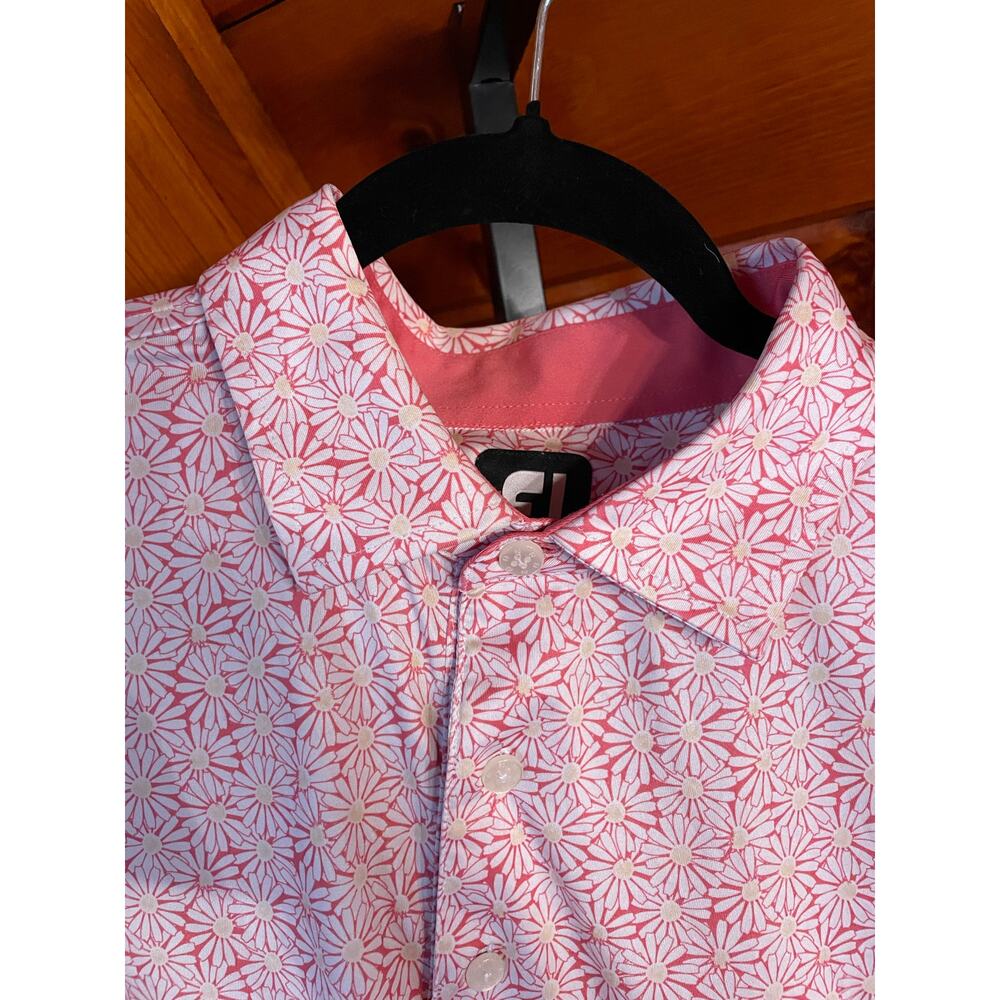 FootJoy Men's Golf Polo Shirt Pink All Over Print Daisy Performance Stretch sz L - Picture 2 of 9